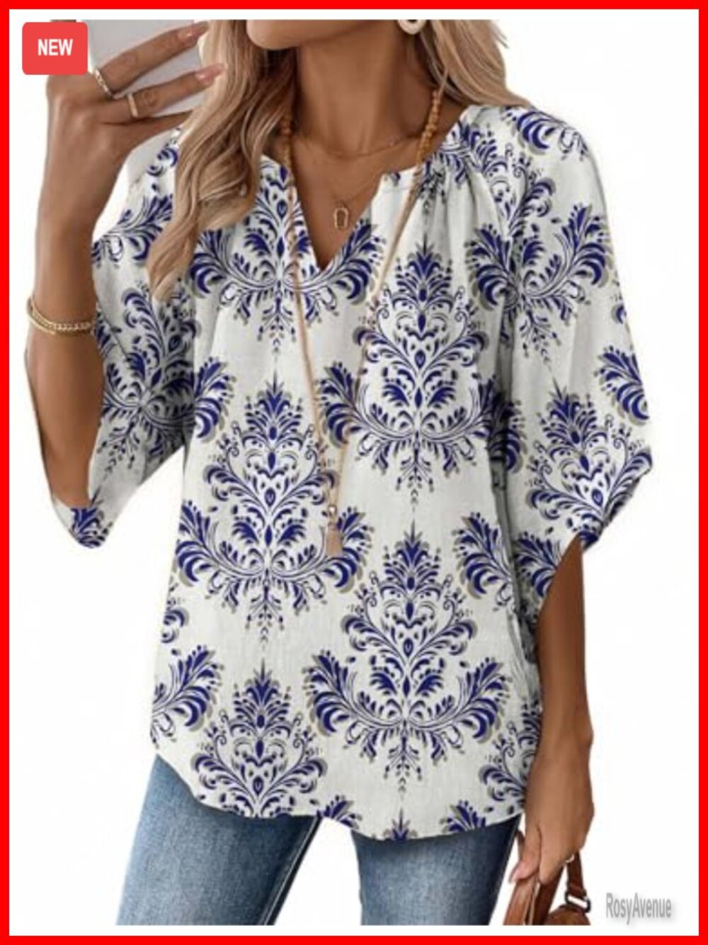 Zeagoo Womens 3/4 Sleeve V Neck Bohemian Blouse Casual Tunic Top
